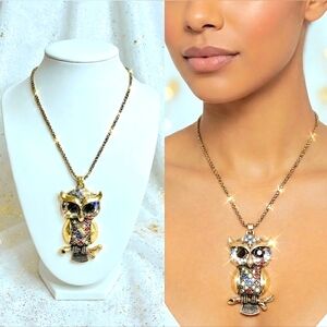 Gold Plated Multicolor Crystal Owl Necklace With An Adjustable Chain